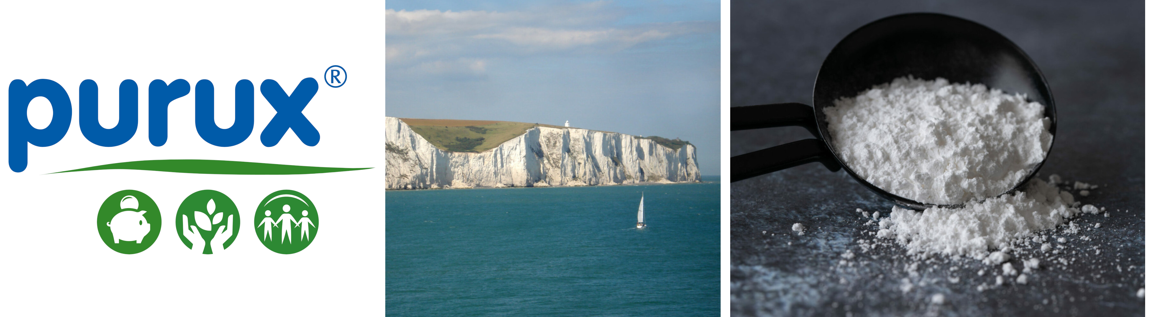 Bild bestehend Aus drei teilen. Purux logo. Blick über das Meer auf eine Felswand. Schlämmkreidepulver n einem Schwarzem Löffel auf schwarzem Hintergrund
